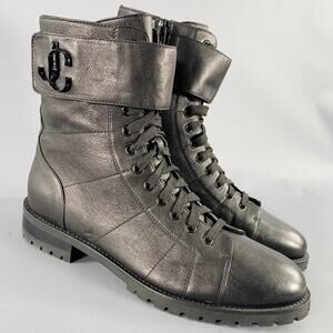 JIMMY CHOO Size 10 Black Leather Zip Lace-Up Boots